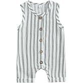 Infant Baby Boys Girls Cotton Linen Jumpsuits Sleeveless Button Down Striped Short Overalls Romper Summer Fall Outfits