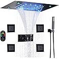 DULABRAHE Waterfall And Rain Shower System Faucet Set 14 X 20 Inch LED Ceiling Rainfall Matte Black Shower Head With Handheld Spray Combo Shower Body Jets For Bathroom