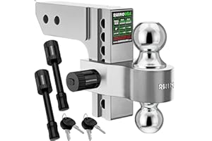 Rhino USA Adjustable Trailer Hitch (Fits 2-Inch Receiver) - Heavy Duty Aluminum Tow Hitches with 6-Inch Drop/Rise for Truck (12,500 LBS GTW) - Weatherproof Double Anti-Theft Locking Hitch Pin (Silver)
