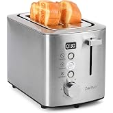 2 Slice Toaster with Countdown Timer, Wide Slots Fits Thick Bread &amp; Bagel | 6 Browning Levels, Defrost, Reheat &amp; Cancel, Removable Crumb Tray, Compact Design for Everyday Breakfast, Stainless Steel