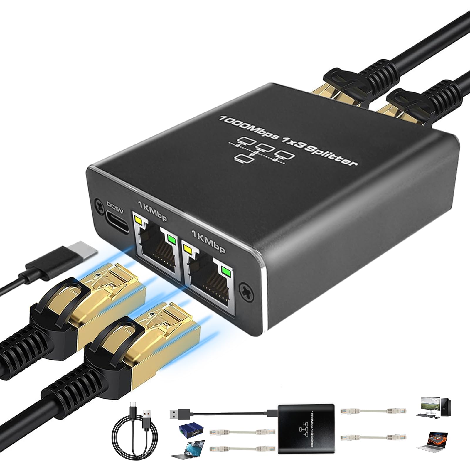 Photo 1 of Gigabit Ethernet Splitter 1 to 3 High Speed, 1000Mbps LAN Splitter (3 Devices Simultaneous Networking), RJ45 Splitter Adapter with USB Power Cable, Internet Splitter for Cat5/5e/6/7/8 Cable