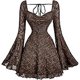WDIRARA Women's Floral Jacquard Mesh Gothic Dress Bell Long Sleeve A Line Vintage Dresses