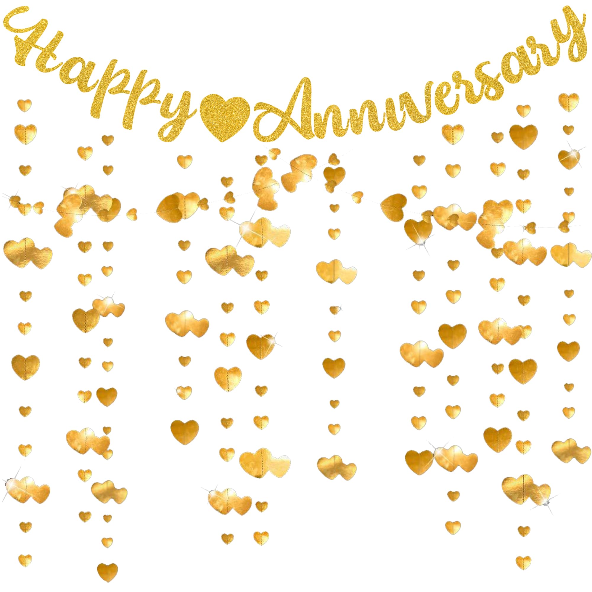Gold Happy Anniversary Banner Decorations - Golden Wedding Anniversary Party Decoration Paper Glitter Letter Banners Heart Garland Hanging for Women Men 50th Wedding Decor