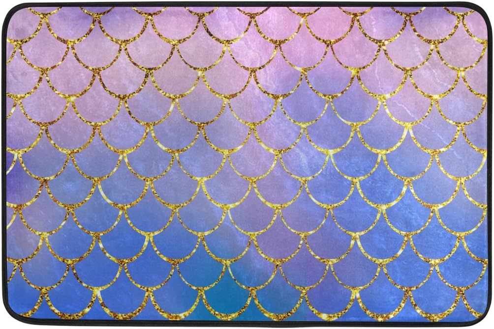 Bath Mat Non Slip Super Absorbent Purple Mermaid Scales Marble Fish Light Summer Gold Bathroom Rug Indoor Carpet Doormat Floor Dirt Trapper Mats Shoes Scraper 24x16 inch