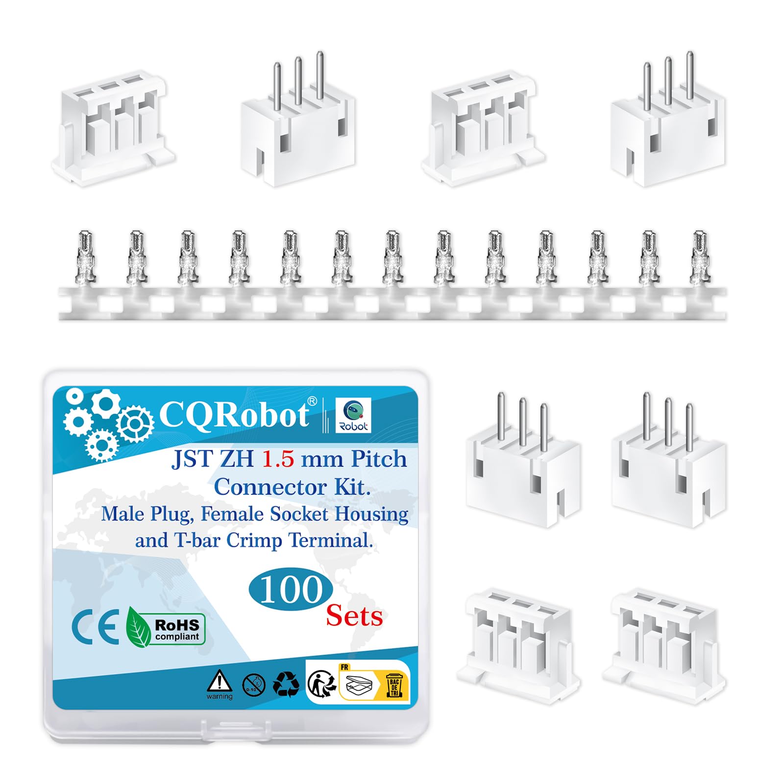 CQRobot JST ZH 1.5 mm Pitch 3-Pin Electronic Computer Connector IC Male Plugs, Female Sockets Housing and T-Shaped Crimp Terminal Kit. 100 Sets/500 Pieces Wire-to-Board Adapter Cable Assembly.