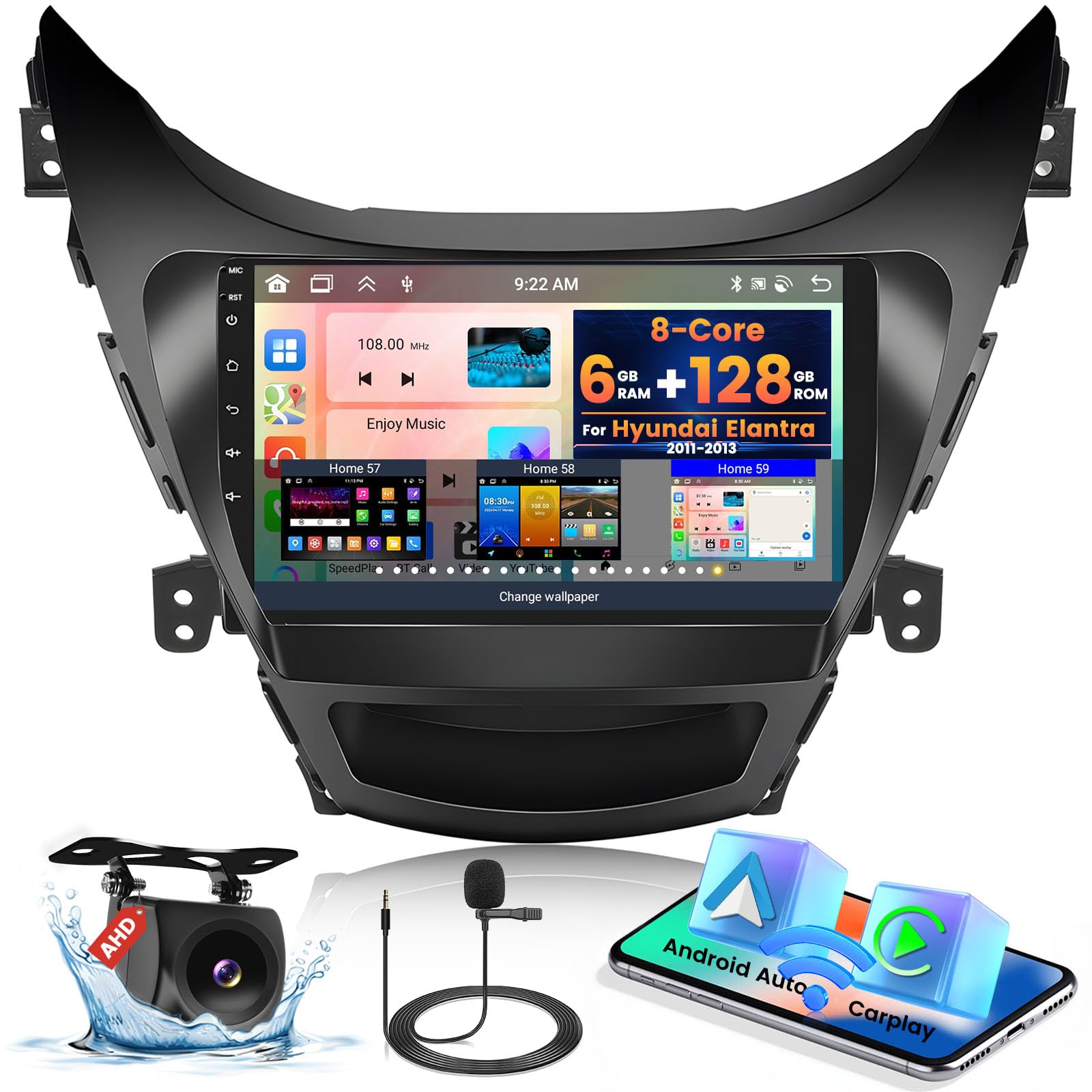 Photo 1 of [8 Core 6G+128G] Inefala for Hyundai Elantra 2011-2013 Android 15 Car Radio Stereo with Wireless Carplay & Android Auto, 9" Touch Screen with GPS WiFi BT FM/RDS 32EQ/DSP SWC 59UI Backup Camera MIC