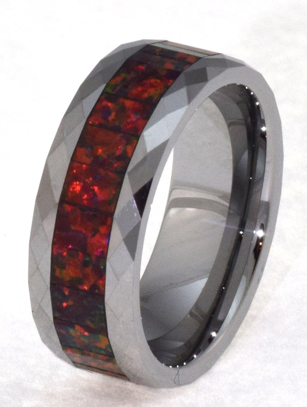 8mm Faceted Tungsten Carbide Ring Synthetic Red Opal Inlays with Orange