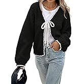 ZAFUL Women's Long Sleeve Cardigan Cute Tie Front V Neck Bow Puff Fall Winter Loose Knit Trendy Cardigan Sweaters 2025