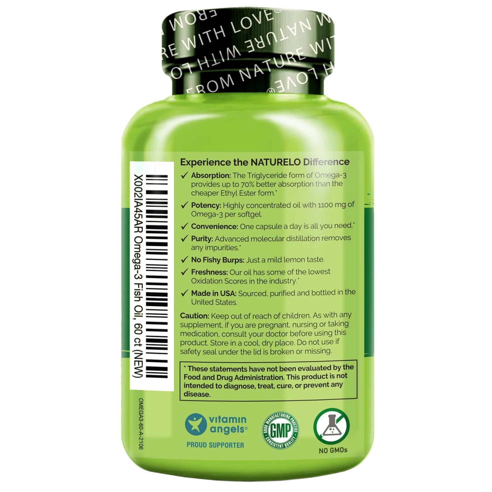 NATURELO Burpless Omega 3 Fish Oil Supplement - 1100mg Triglyceride Omega-3, EPA + DHA, Liquid Fish Oil for Heart, Eye, Brain, Joint Health - 60 Softgels, 2 Months Supply