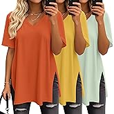 Huukeay 3 Pack Oversized Shirts for Women V Neck Workout T Shirt Casual Side Split Tee Short Sleeve Loose Tops Tunic Tops