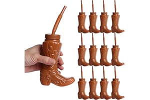 Fxswety Cowboy Boot Cups 10 Ounces Plastic Cowboy Cups with Straws and Lids for Rodeo Party Favors and Western Themed Party Supplies(12Pcs)