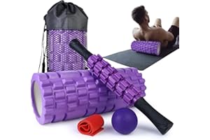 Krightlink 5 in 1 Foam Roller Set for Deep Tissue Muscle Massage, Patented Trigger Point Fitness Exercise Foam Roller, Massage Roller, Massage Ball, Stretching Strap, for Whole Body (Purple)