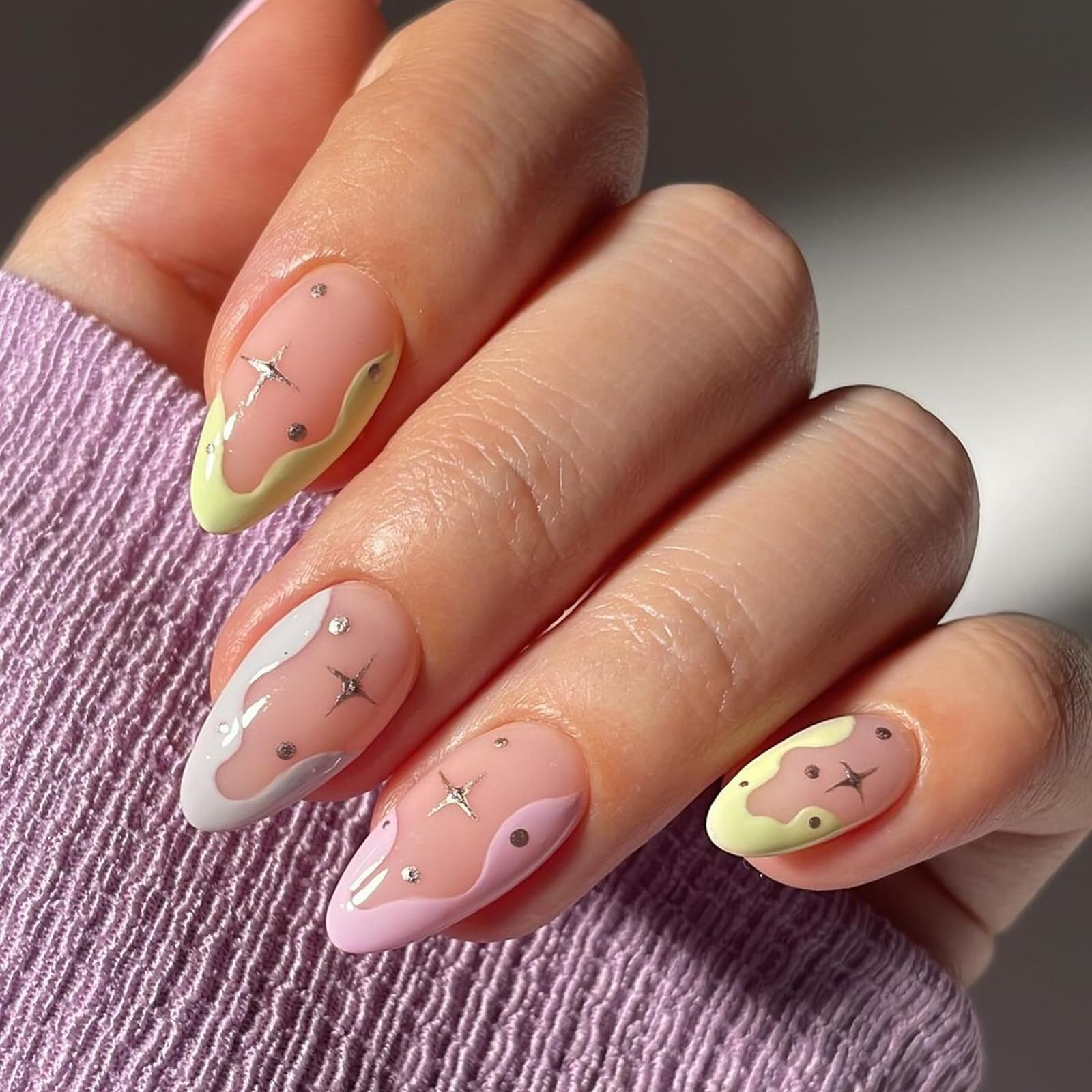 TOGZOM Almond Press on Nails Short French Fake Nails Cute Star Acrylic Nails Colorful Nails Tips Glossy Artificial Nails Cream Edge Designs Glue on Nails for Women Girls Manicure 24Pcs, Style6 - Image 2