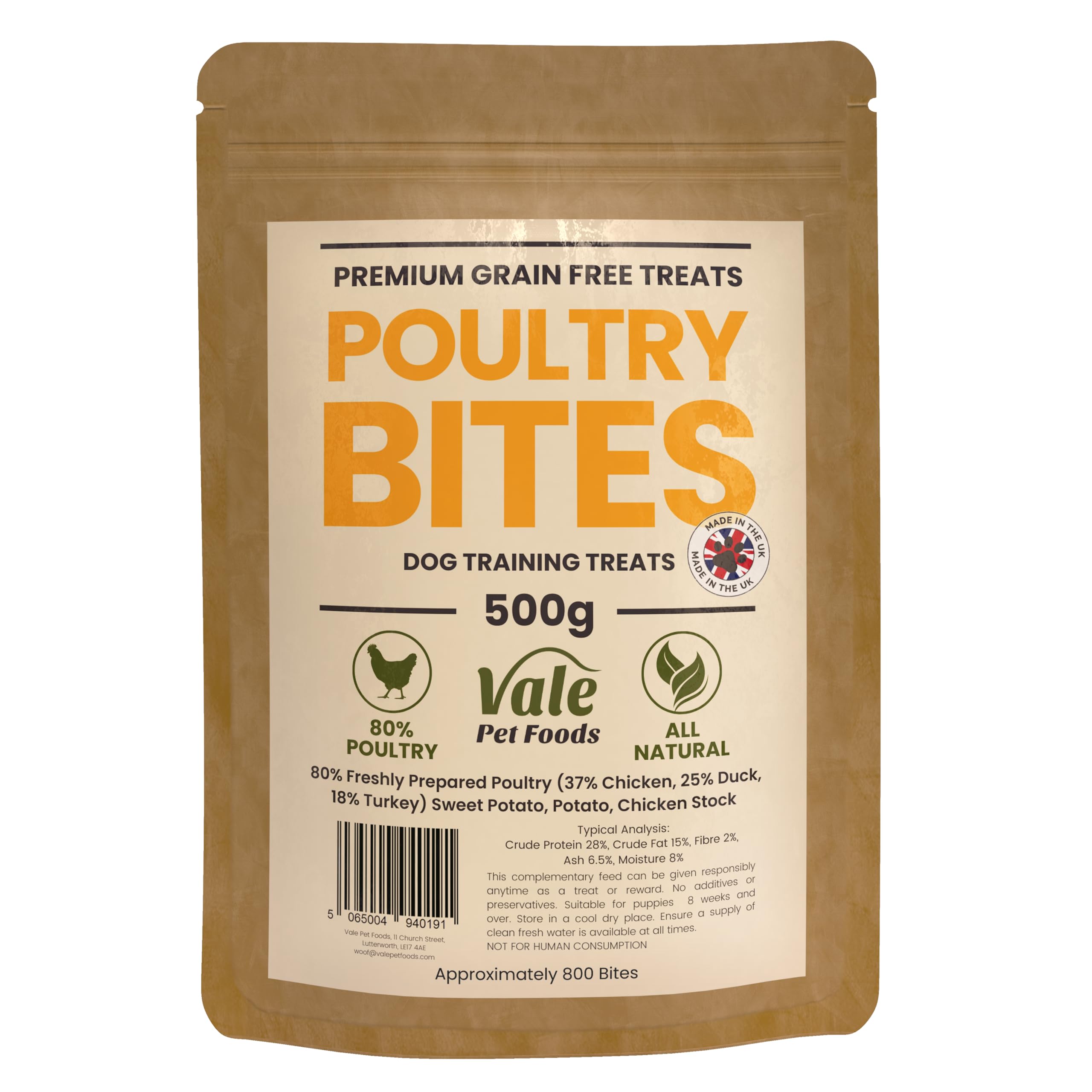 Grain Free Dog Treats 500g - Healthy Hypoallergenic Dog Training Treats - High Meat Protein Chews for Puppy, Adult & Senior - Vale Pet Foods