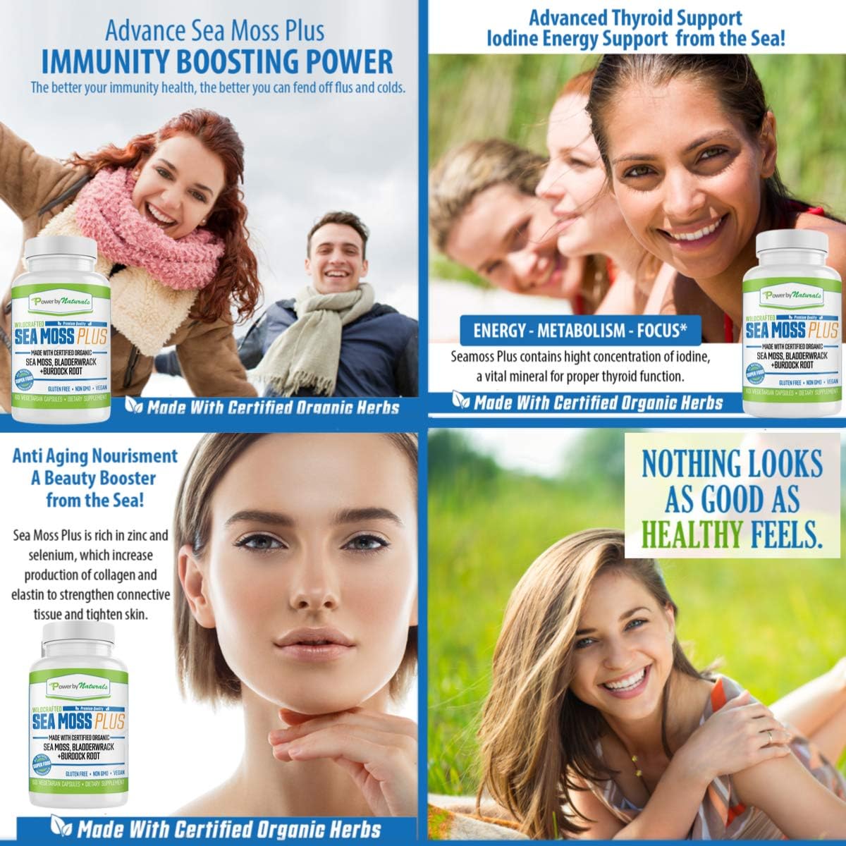 Power by Naturals – Certified Organic Sea Moss Plus – Wildcrafted Irish Sea Moss Bladderwrack Burdock Root – Pure Sea Moss Powder Supplements - No Fillers, Vegan, non-gmo - Seamoss Capsules (60 Pills): Health & Personal Care