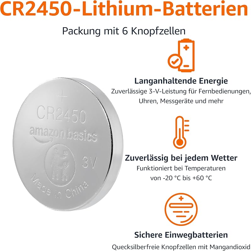 CR2450 Lithium-Knopfzellenbatterie, Leistung, frei von Quecksilber, 3 V, kindersichere Verpackung (zum Öffnen Schere verwenden), 6er-Pack