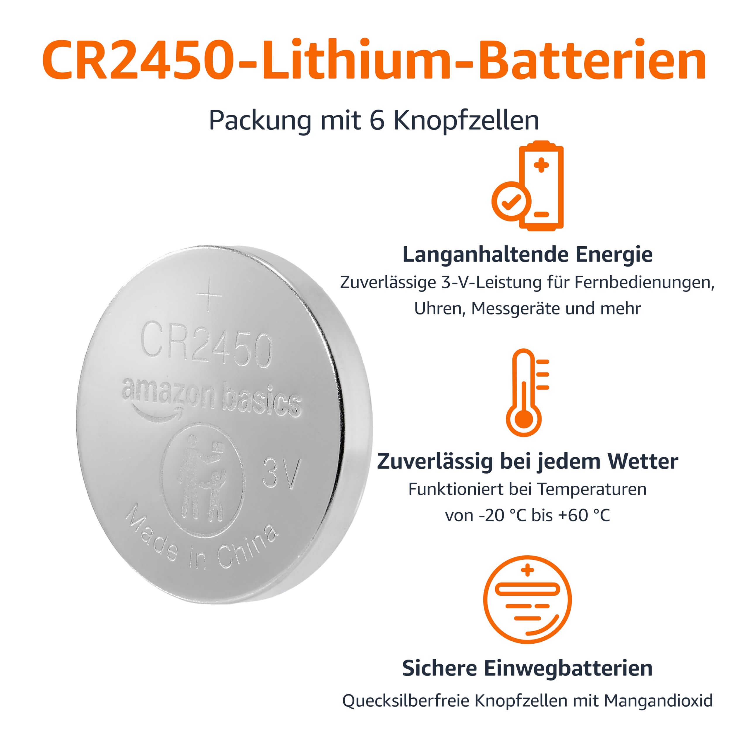 Amazon Basics CR2450 Lithium-Knopfzellenbatterie, Langlebige Leistung, frei von Quecksilber, 3 V, kindersichere Verpackung (zum Öffnen Schere verwenden), 6er-Pack 2