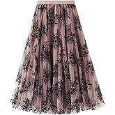 Flygo Women's Midi Long Tulle Skirts Dressy Casual Elegant A-Line Elastic Waist Foliage Embroidery Mesh Skirt