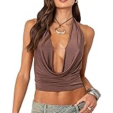 UAURORAO Women Cowl Neck Halter Tops Sexy Draped Front Low Cut Backless Tank Top Ruched Open Back Going Out Crop Tops