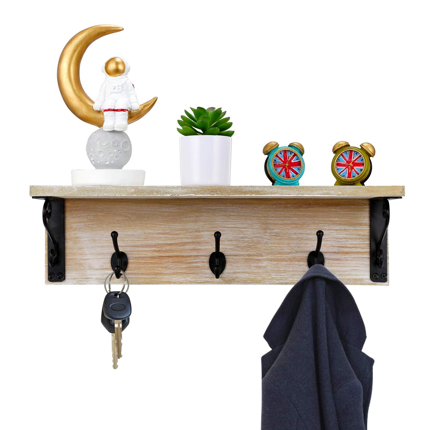 Eitida Entryway Coat Rack, Wall Mounted Hanging Organizer with 3 Metal Hooks, Floating Storage, Use as Hat Organizer, Key Holder, Decorative Wall Shelf for Kitchen, Bathroom, Hallway