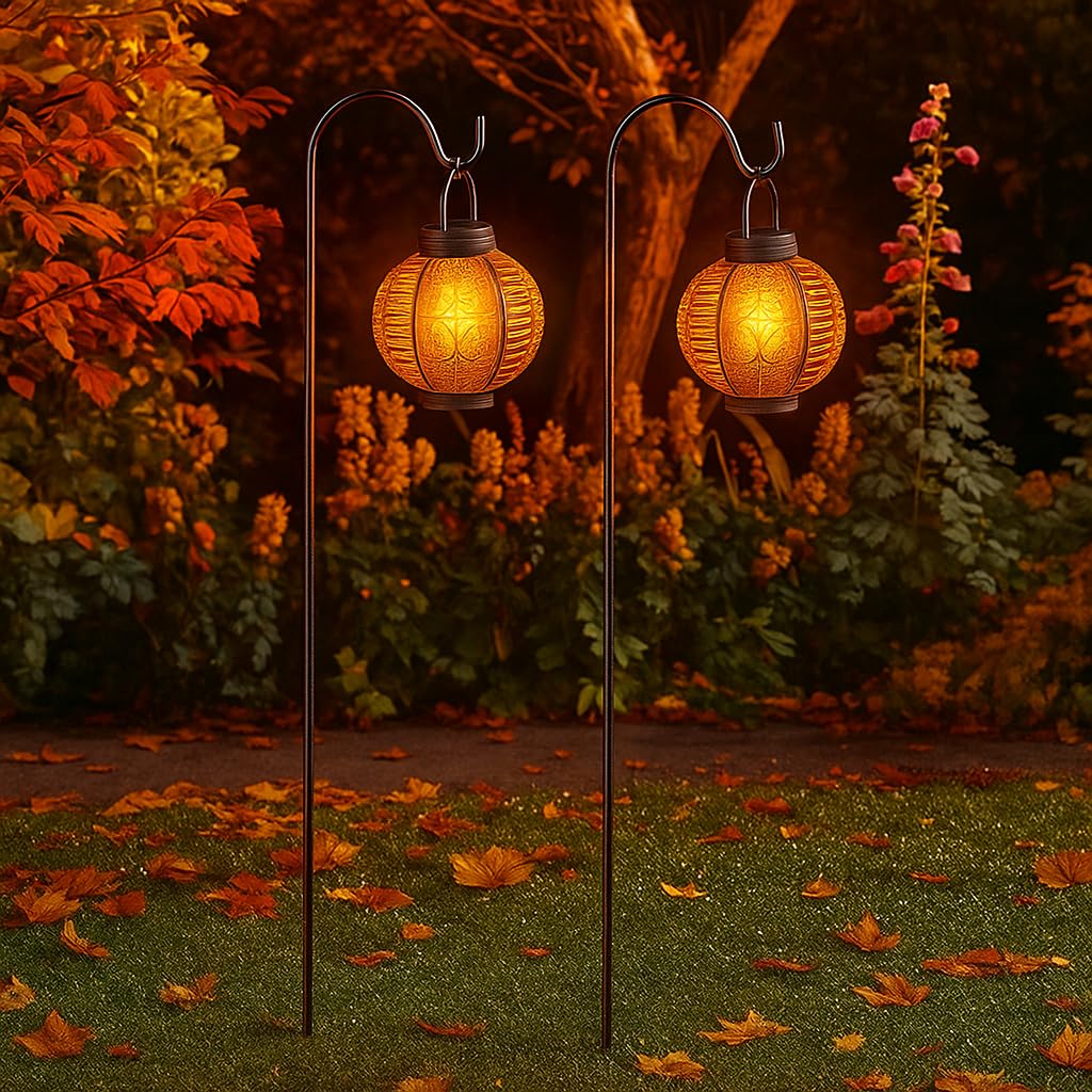 Garden Mile 2x Solar LED Hanging Lanterns Autumn Outdoor Lighting Flame Effect Lamps on Hooks Garden Light Up Lanterns with Hooks Autumn Lighting for Garden Set of 2 Large Outdoor Lights