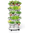 Tectsia Strawberry Vertical Planters 5 Tiered, Stacking Tower Garden, Stackable Herb Vegetable Planters with Movable Casters and Bottom Saucer Indoor and Outdoor - White