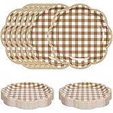 JarThenaAMCS 60 Pcs Brown Gingham Plaid Paper Plates Dessert Plates 7 Inch Brown White Scalloped Checkered Disposable Decorative Dinner Plate for Birthday Baby Shower Party Supplies