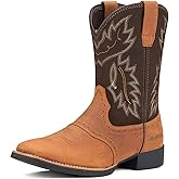 Rollda Leather Cowboy Boots for Men Western Boots Square Toe Chunky Heel Mid-Calf Boots Classic Embroidered with Pull On Tabs