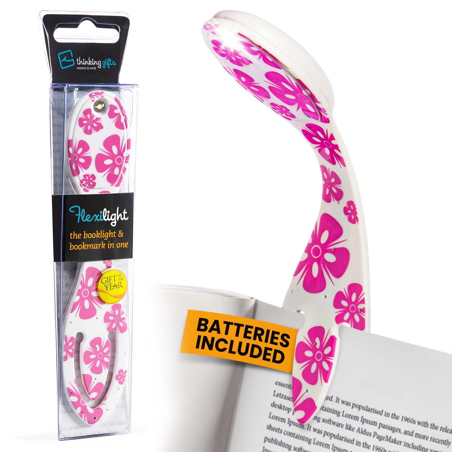 Gifts for Readers & Writers Bookmark Reading Light Pink Flowers -2in1 Clip On Bookmark Mini for Reading Night in Bed, Battery Operated Travel LED s, Flexible 8 Lumen Lights for Books