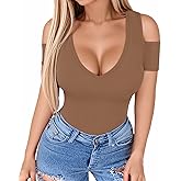 HERLOLLYCHIPS Women Tops Summer Deep V Neck Short Sleeve Cold Shoulder Slim Fit Casual Sexy Tees T-Shirts