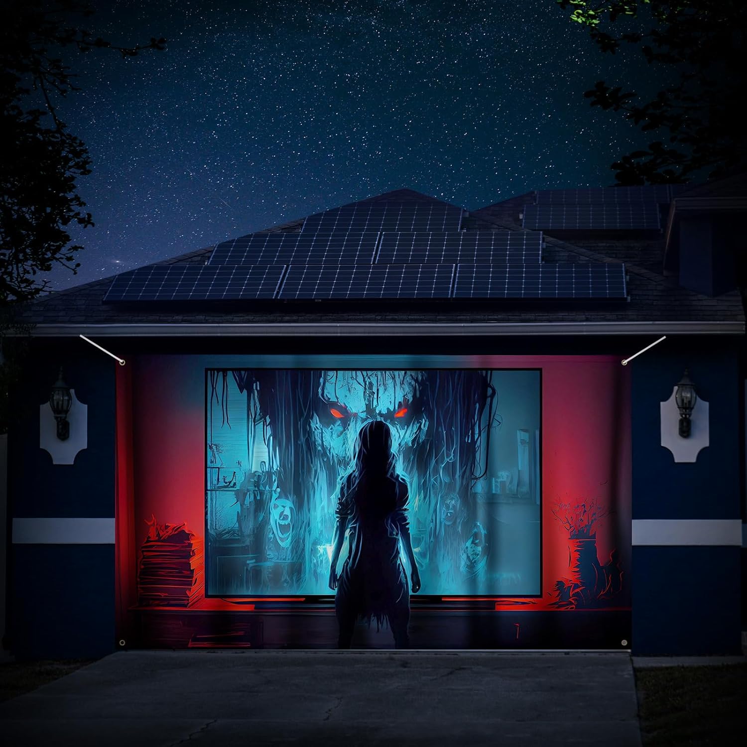 Garage Door Decorations - Preboun Halloween Garage Door Banner Cover with Grommets Scary Garage Door Decoration Set Holiday Background Sign for Halloween Indoor Outdoor Wall Door House Decor, 6 x 13 ft