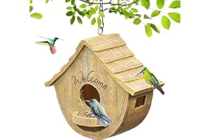 SHUONIVS Garden Bird House for Outside, Hanging Resin Birdhouse Hummingbird House for Blue Bird Sparrow Chickadee, Unique Outdoors Decorative Bird Box for Country Garden Courtyard (Yellow, Small)