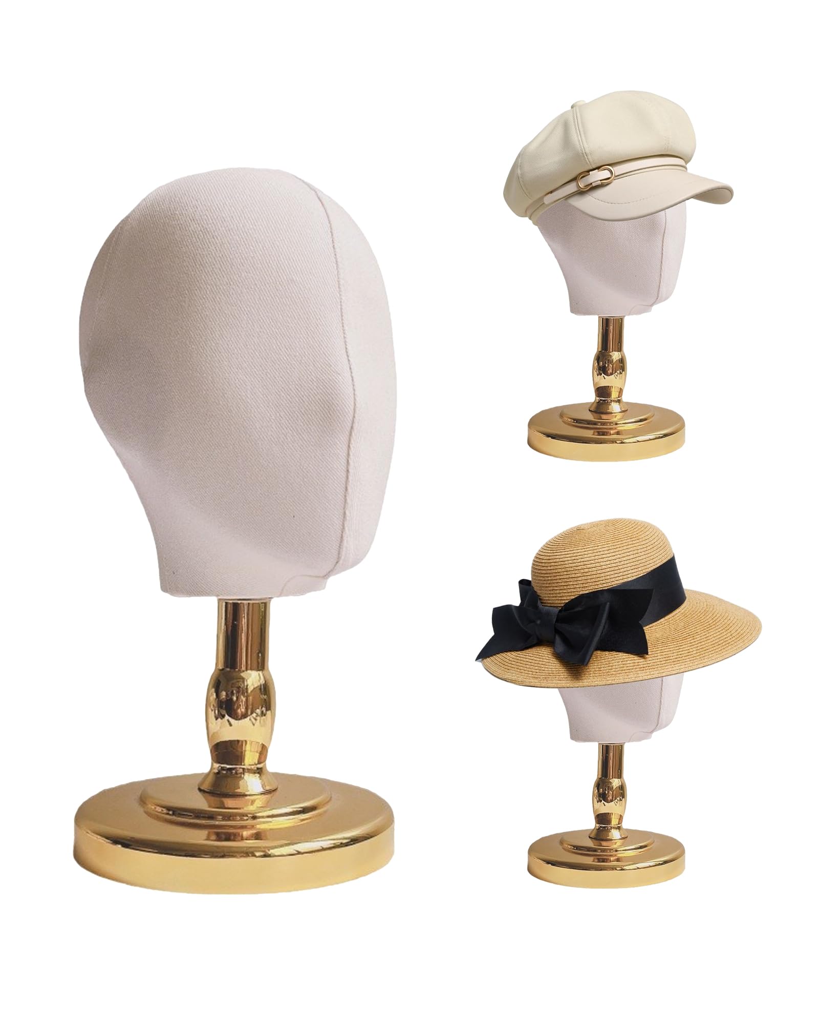 TINGSING Mannequin Head with Realistic Face Model - Wig and Hat Display Stand, Coarse Twill Fabric Manikin with Detachable Base, Gold