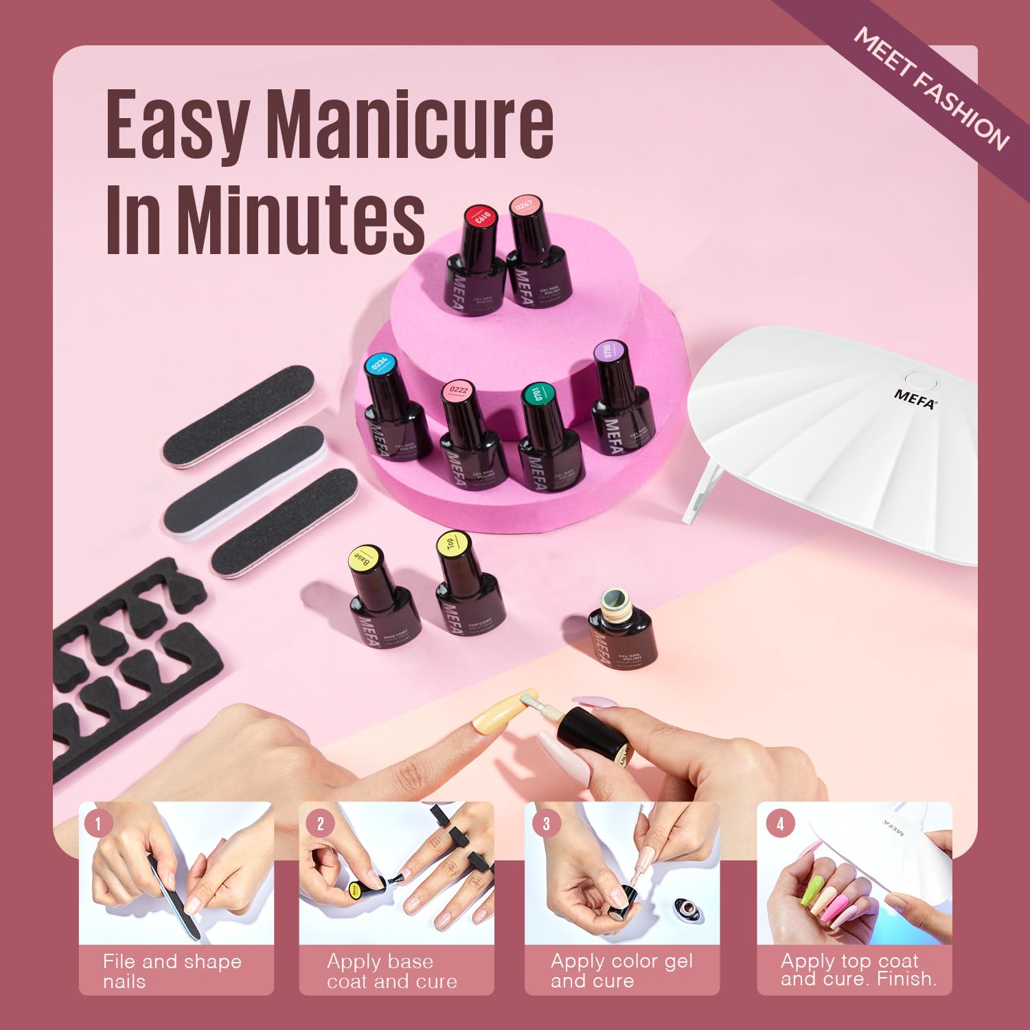 MEFA 19 Pcs Gel Nail Polish Kit with U V Light, 12 Colors Fall Gel Nail Polish Set Burgundy Red Champagne Gold Glitter Soak Off Purple Manicure Tools Beginners Salon Art Nails Art DIY for Women - Image 6
