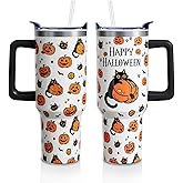 Sabobo Happy Halloween Cup Gifts for Women Men, Black Cat 40oz Tumbler with Handle and Straw, Holiday Pumpkin Stainless Steel Insulated Water Bottle (1 PC)
