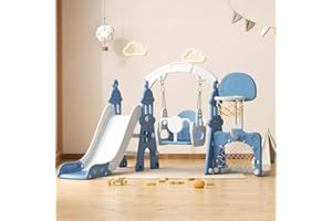 YUFU 5-in-1 Toddler Swing and Slide Set, Kids Slide with Climber, Swing, Basketball Hoop, Soccer Goal, Indoor Outdoor Playset for Toddlers Age 1-3 (Blue)