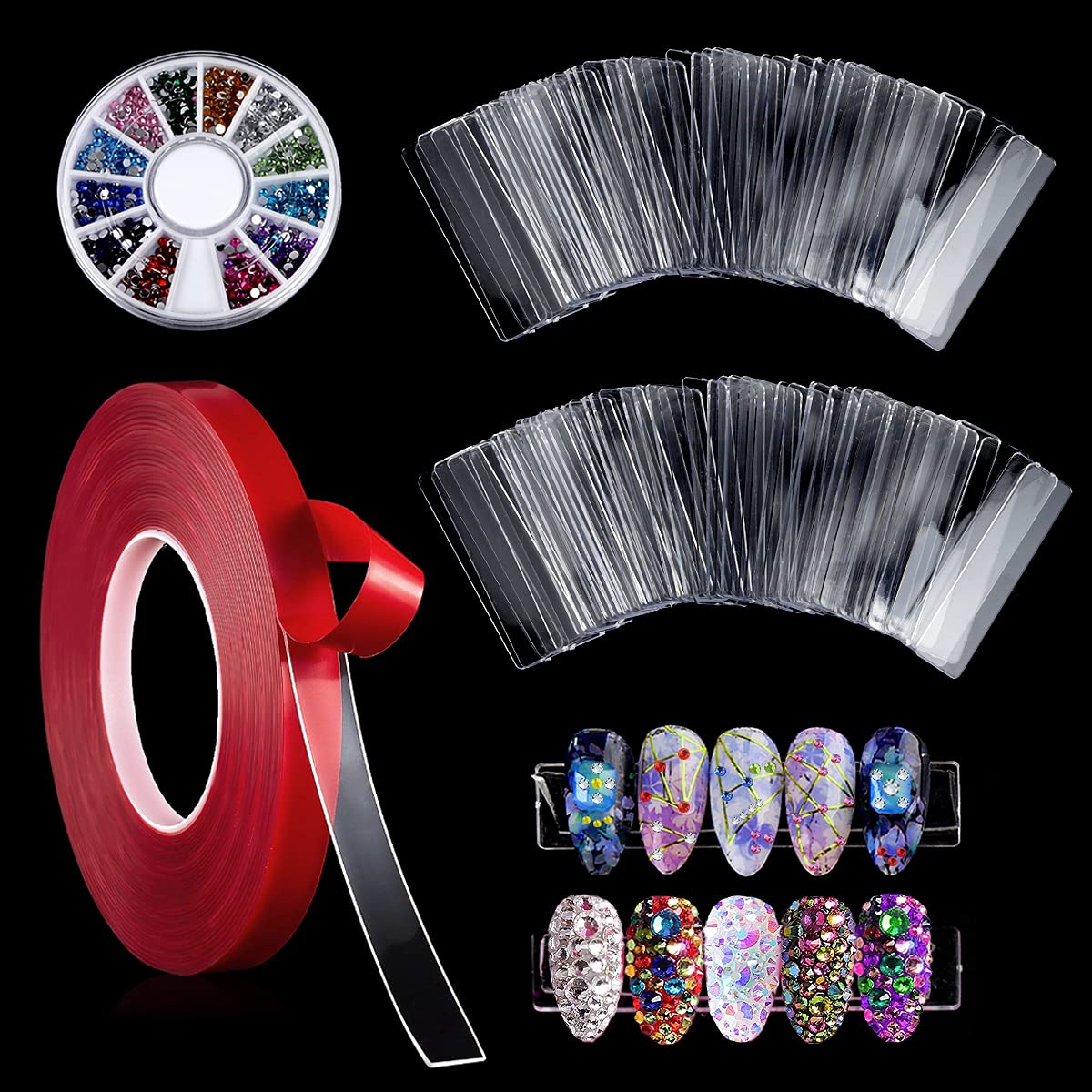 FERCAISH 100 Pcs Transparent Nail Stand Nail Art Display Stand with 10M Double Sided Tape and Nail Rhinestones, Acrylic Nail Art Practice Holder for Nail Salon Home, Women and Girls