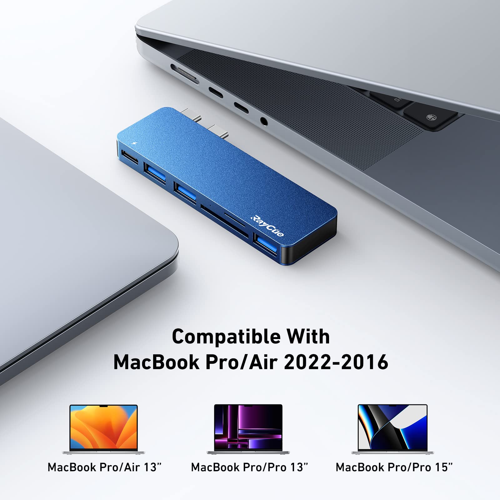 RayCue USB-C Adapter for MacBook Pro/Air - 3 USB 3.0 Ports, Card Reader, Thunderbolt 3 PD Port & MagSafe 3 Charging Support