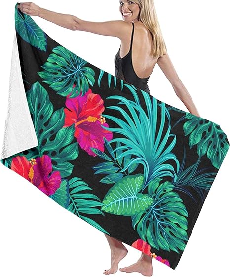 Amazon トロピカルパームスとハイビスカスボタニカルブラックコットンバスタオル 1パック プールタオル ジムタオル バスタオル ホーム キッチン オンライン通販