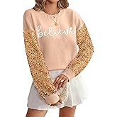 Christmas Sequin Sweater Womens Believe Christmas Sweatshirt Crewneck Long Sleeve Xmas Holiday Knit Pullover Top