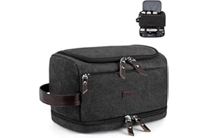 ZOMFELT Toiletry Bag for Men, Dual Layers Canvas Travel Toiletries Bag, Water-Resistant Travel Organizer with Elastic, Large Capacity Dopp Kit, Hanging Shaving Hygiene Bag, Black