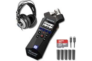 Zoom H1essential 2-Track 32-Bit Float Portable Audio Recorder with StreamEye Cans50 Professional Headphones, 5 AAA Batteries, USB-C to USB-C Cable and 32GB microSD Card