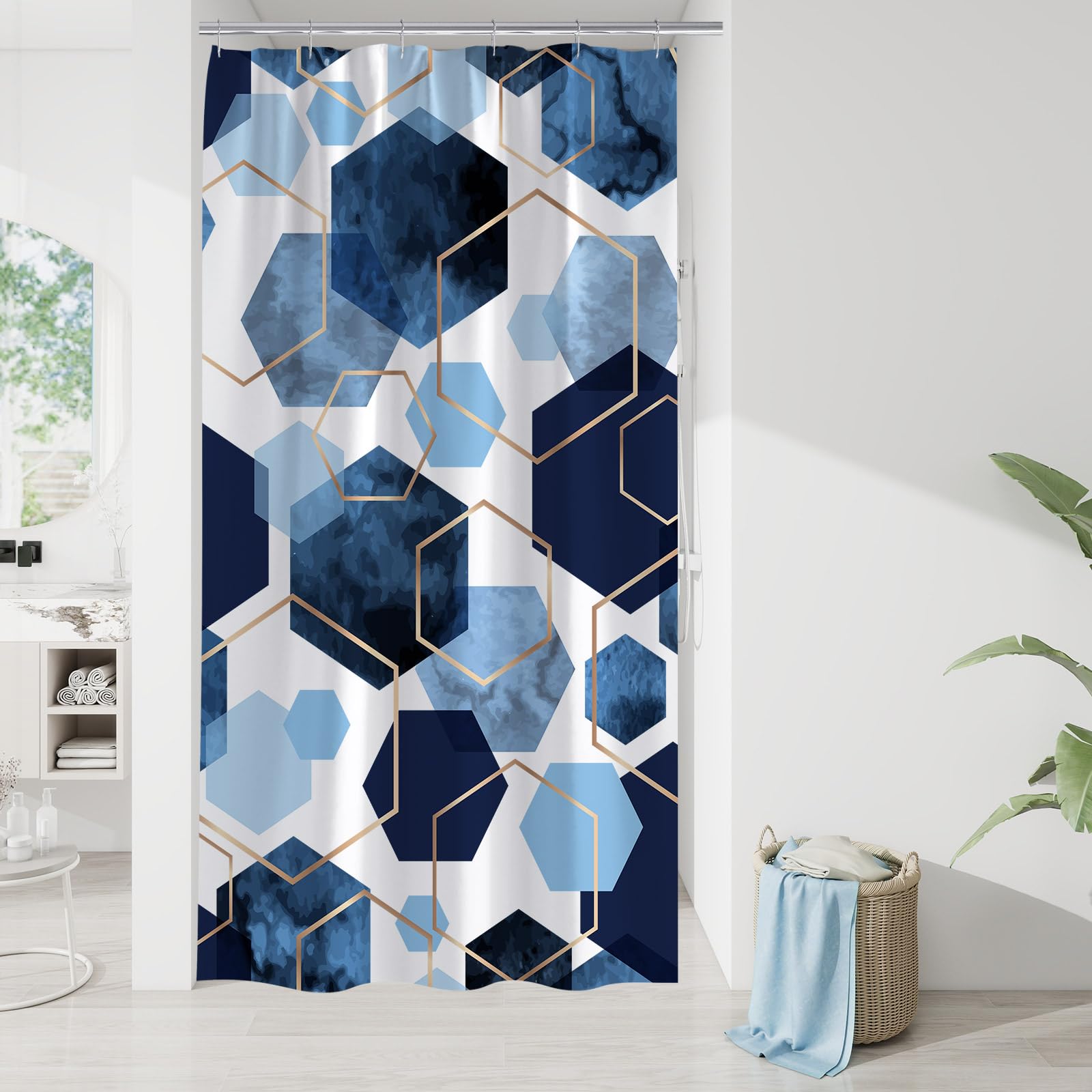 Photo 1 of Litabel Modern Small Stall Shower Curtain for Bathroom, Blue Geometric Art Decor Waterproof Bath Curtain, Abstract Fabric Shower Curtain Sets for Home Decor, 36x72 Inch
