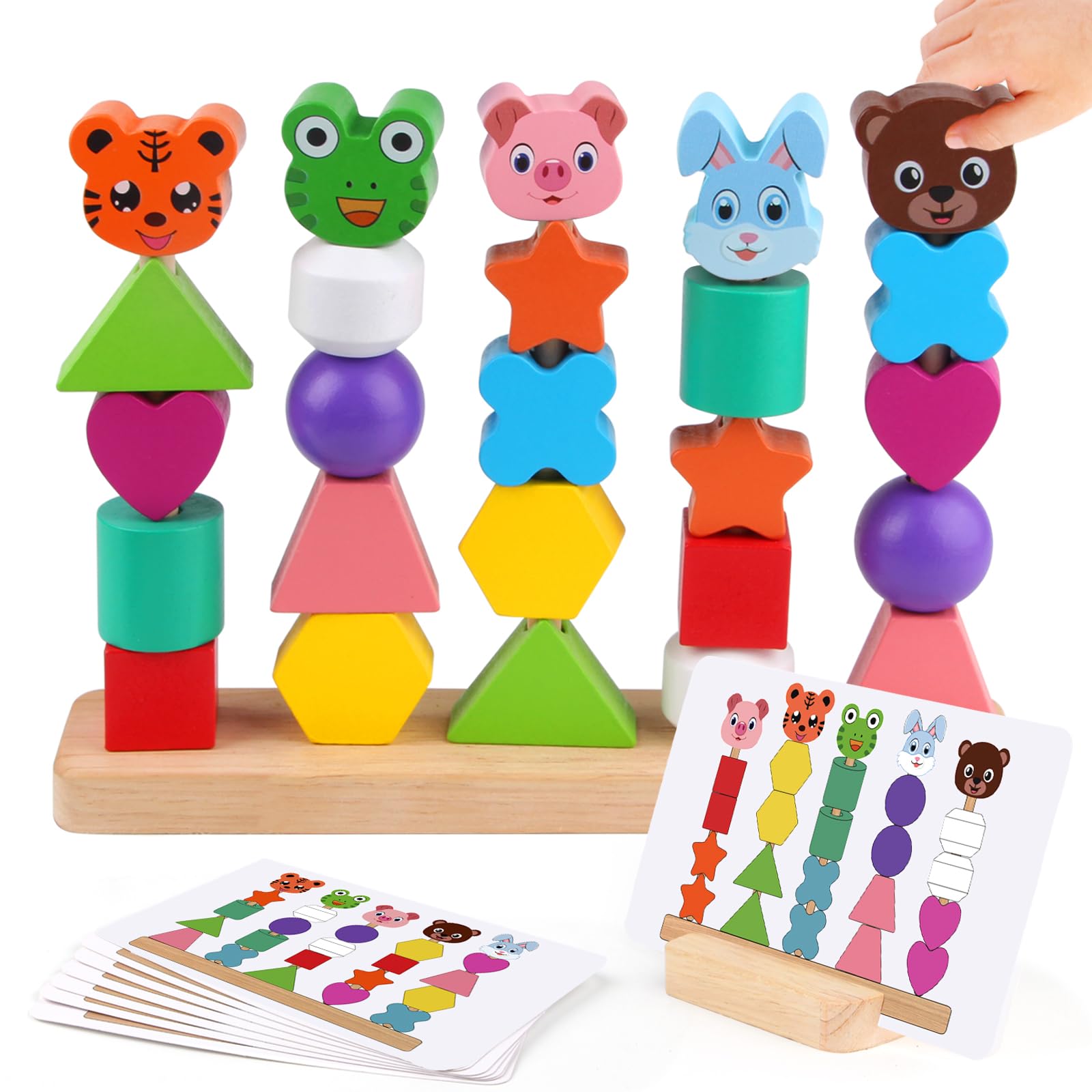 Photo 1 of Vinlon Animal Baby Toys for Boys Girls 2 3 4 Years Old - Cute Rabbit Bear Tiger Pig Frog- Wooden Bead Sequencing Set-Stacking Shapes Colors, Learning Montessori Easter Toys Gifts for Toddlers 2-4