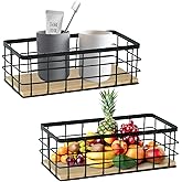 Hyuetrsa 2-Pack Small Wire Baskets, Metal Wire Storage Baskets, Rustic Storage Bin Wood Base Containers Farmhouse Rectangle Organizer Tray for Home Kitchen Bathroom