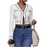 Floerns Women's Elegant Button Down Cropped Cardigan Sweaters Dressy V Neck Knit Old Money Fall Cardigans