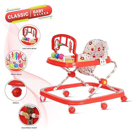 NHR Classic Baby Walker with Rattles and Hanging Toys (Red)