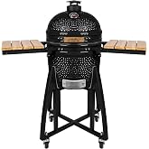 London Sunshine 15-inch Ceramic Kamado Charcoal BBQ Grill &amp; Smoker with Locking Casters, Foldable Side Shelves, Stainless Steel Grates, and Tall Stand (Black)