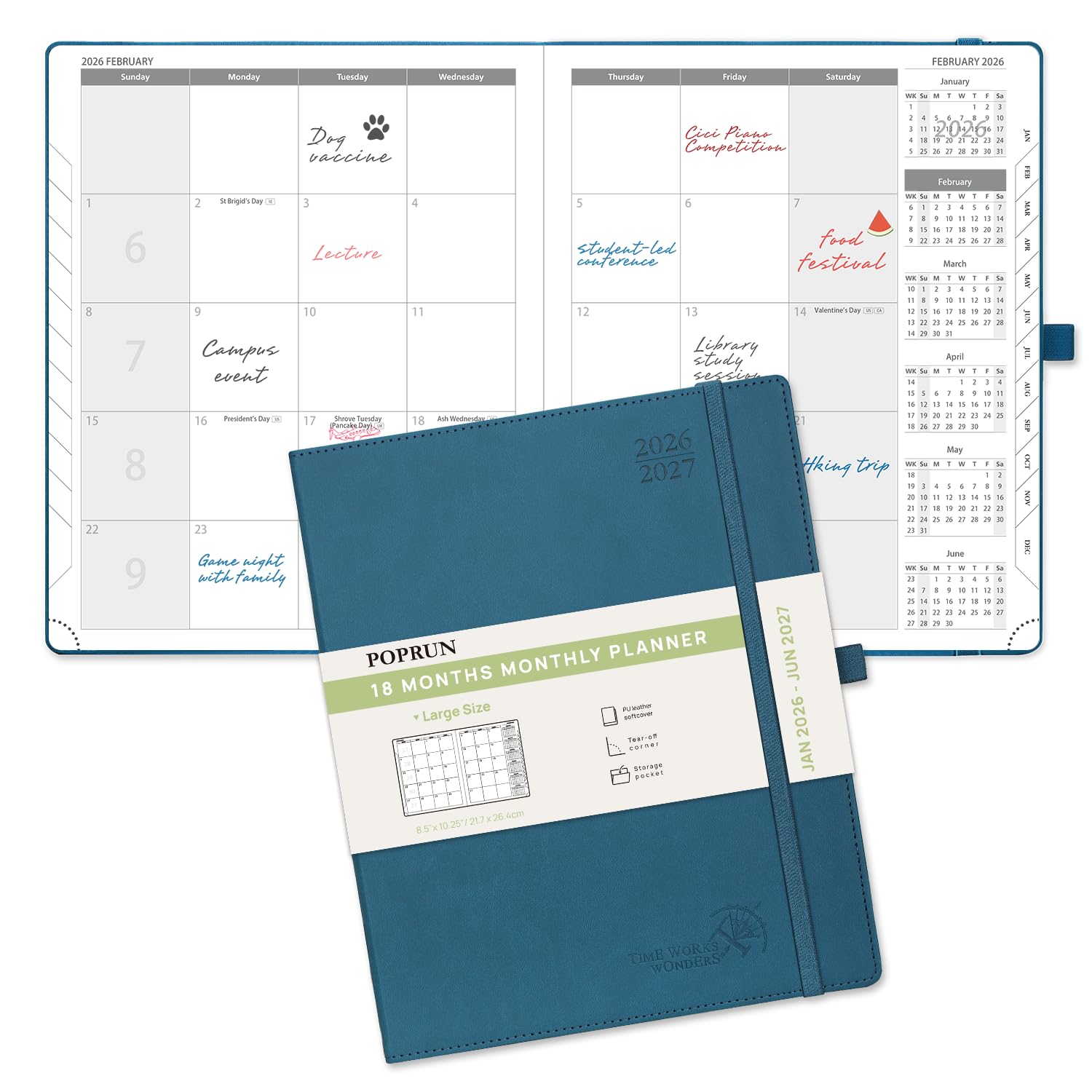 Photo 1 of POPRUN Monthly Planner 2026-2027 (Large- 8.5" x 10.5" Soft Cover), 18-Month Calendar Book (Jan.2026 - Jun. 2027), Calendar Planner with Monthly Tabs & Pocket, 100 GSM Paper - Night Sky Blue