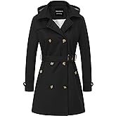 CREATMO US Women's Trench Coat Double-Breasted Classic Lapel Overcoat Belted Slim Outerwear Coat with Detachable Hood